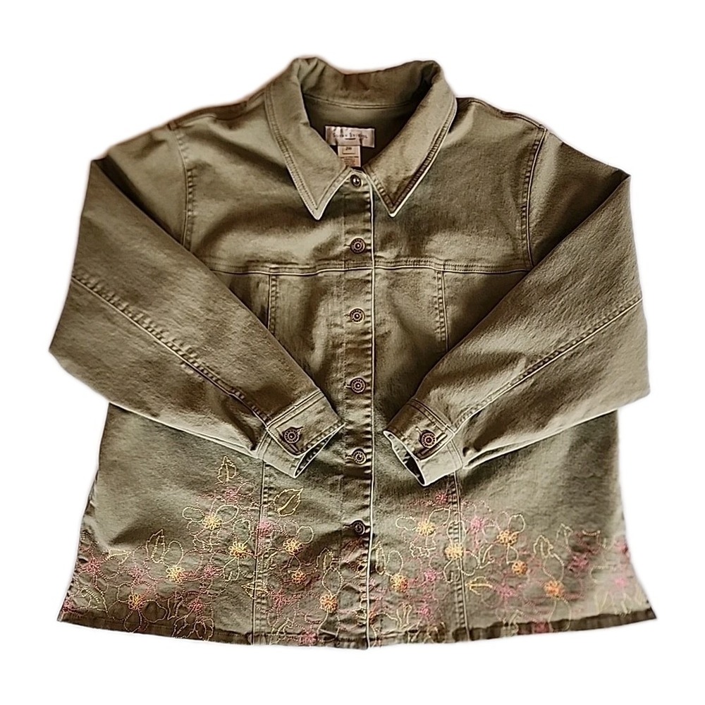 VTG Susan Bristol Womens Button Up Jacket Sz 2W 2X Green Canvas Embroidered Boho